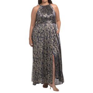 BETSY & ADAM Navy/Gold Plus Halter Floral Foil Dress